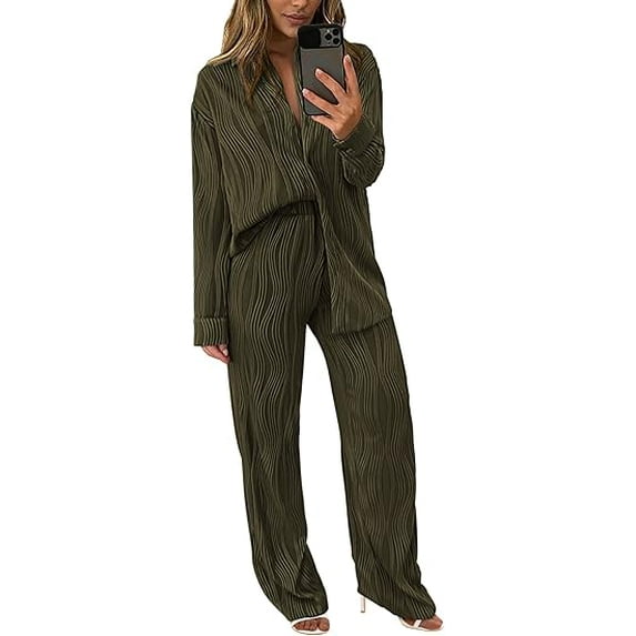 PRETTYGARDEN Women's 2 Piece Textured Sets Casual Button Down Shirt Wide Leg Pants Outfit Loungewear Tracksuit