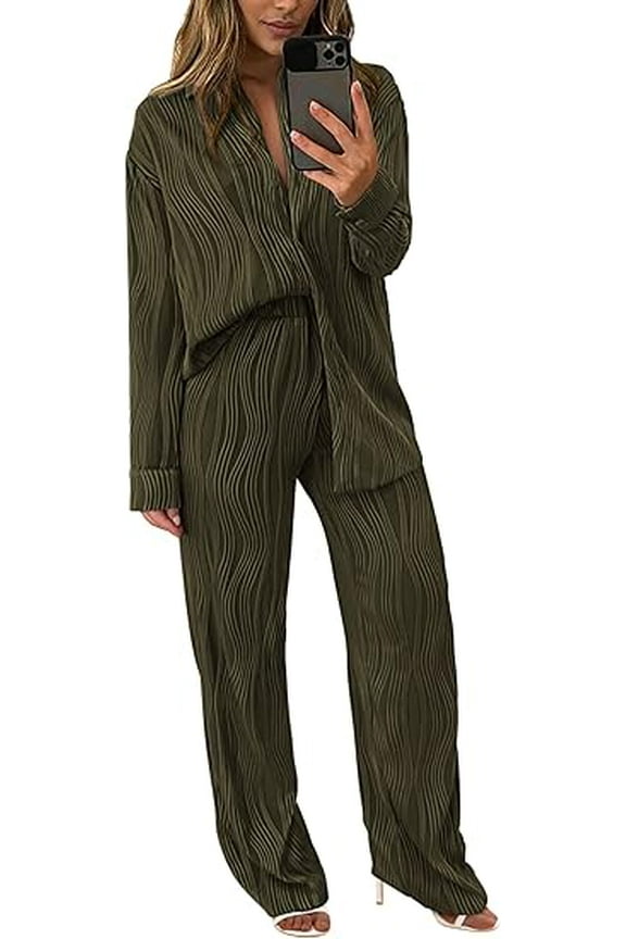 Women's 2 Piece Textured Sets Casual Button Down Shirt Wide Leg Pants Outfit Loungewear Tracksuit