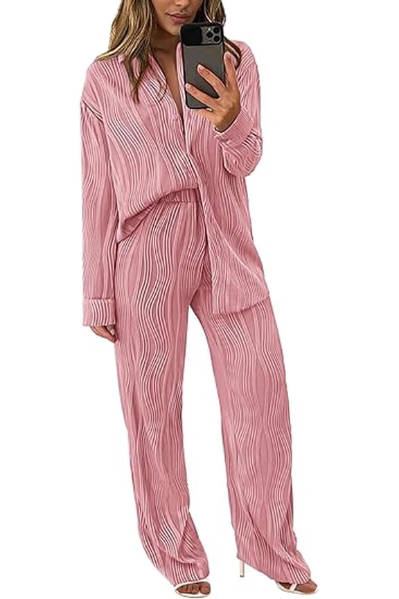 Women's 2 Piece Textured Sets Casual Button Down Shirt Wide Leg Pants Outfit Loungewear Tracksuit