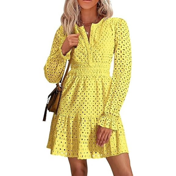 PRETTYGARDEN Women's Long Sleeve Mini Dress Spring V Neck Hollow Out Eyelet Embroidery Ruffle A Line Swing Short Dresses