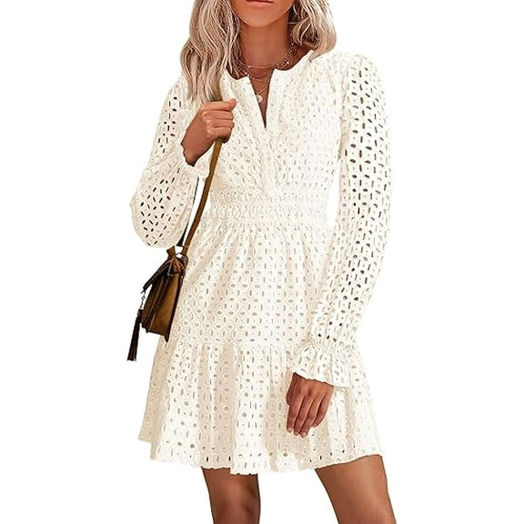 PRETTYGARDEN Women's Long Sleeve Mini Dress Spring V Neck Hollow Out Eyelet Embroidery Ruffle A Line Swing Short Dresses