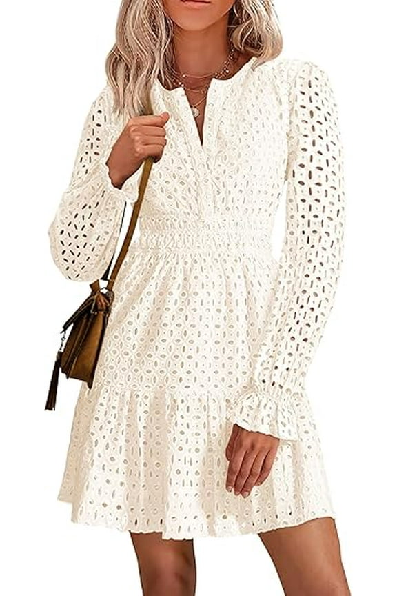 Women's Long Sleeve Mini Dress Spring V Neck Hollow Out Eyelet Embroidery Ruffle A Line Swing Short Dresses