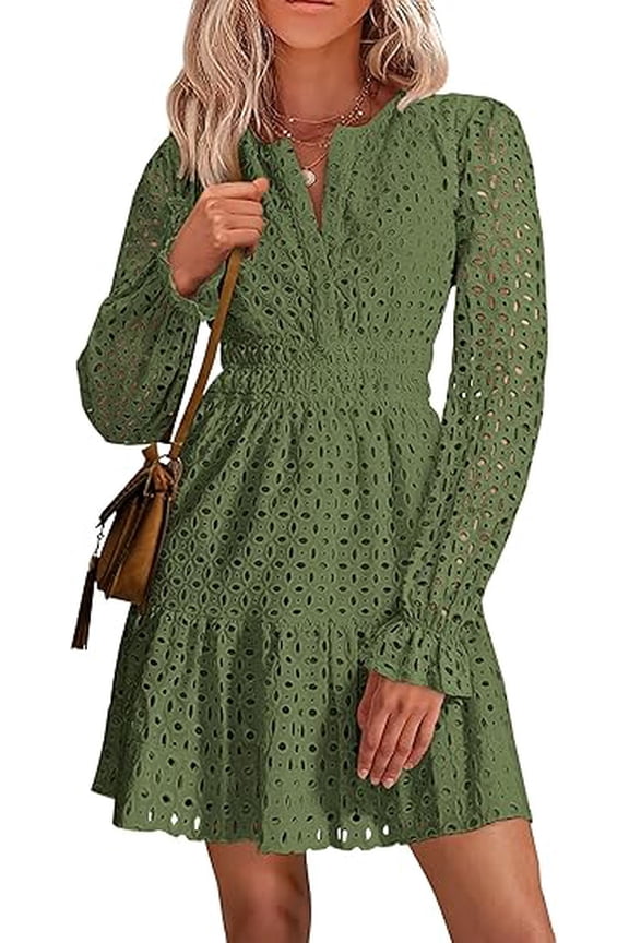 Women's Long Sleeve Mini Dress Spring V Neck Hollow Out Eyelet Embroidery Ruffle A Line Swing Short Dresses