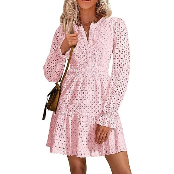PRETTYGARDEN Women's Long Sleeve Mini Dress Spring V Neck Hollow Out Eyelet Embroidery Ruffle A Line Swing Short Dresses