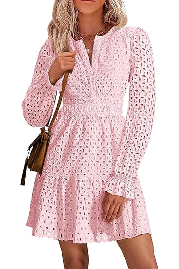 Women's Long Sleeve Mini Dress Spring V Neck Hollow Out Eyelet Embroidery Ruffle A Line Swing Short Dresses