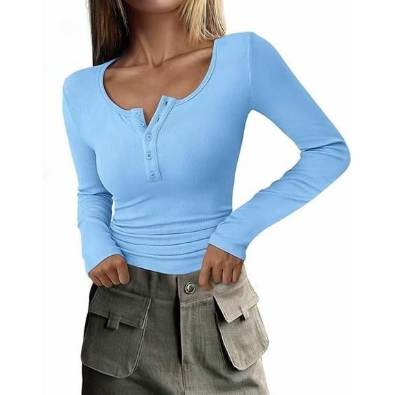 PRETTYGARDEN Women's 2025 Spring Fall Long Sleeve Henley T Shirts Button Ribbed Knit Slim Fit Casual Basic Tops Blouse
