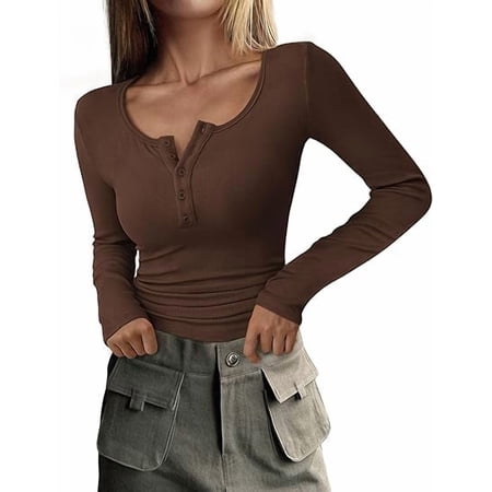 PRETTYGARDEN Women's 2026 Spring Fall Long Sleeve Henley T Shirts Button Ribbed Knit Slim Fit Casual Basic Tops Blouse