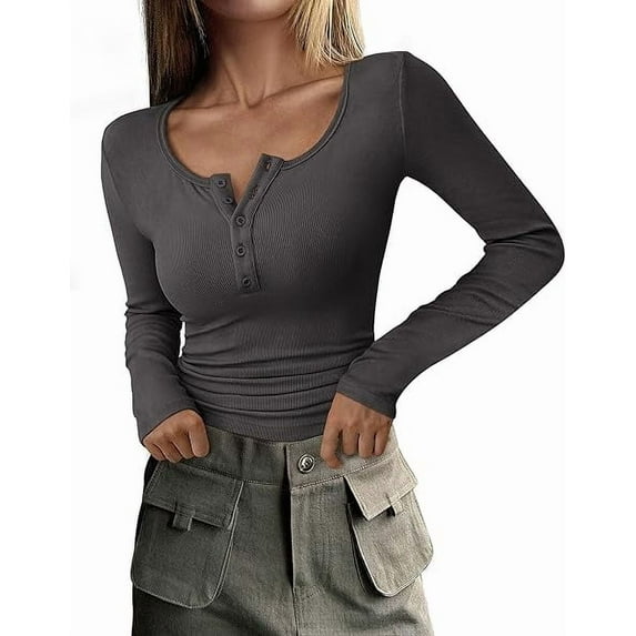 PRETTYGARDEN Women's 2026 Spring Fall Long Sleeve Henley T Shirts Button Ribbed Knit Slim Fit Casual Basic Tops Blouse