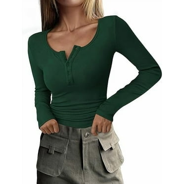 PRETTYGARDEN Women's 2025 Spring Fall Long Sleeve Henley T Shirts Button Ribbed Knit Slim Fit Casual Basic Tops Blouse