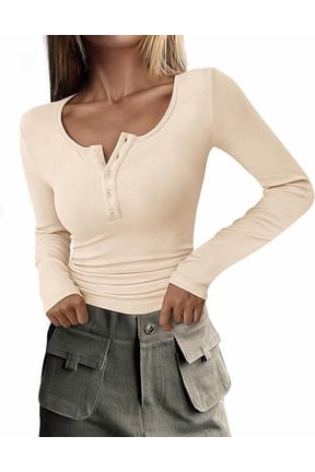 Women's 2026 Spring Fall Long Sleeve Henley T Shirts Button Ribbed Knit Slim Fit Casual Basic Tops Blouse