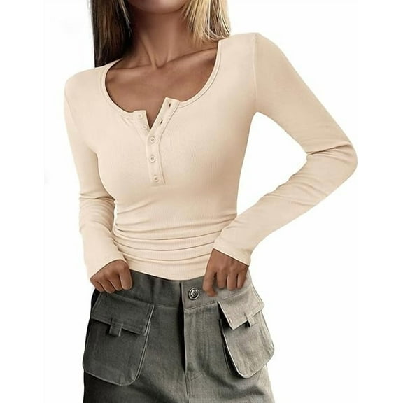 PRETTYGARDEN Women's 2026 Spring Fall Long Sleeve Henley T Shirts Button Ribbed Knit Slim Fit Casual Basic Tops Blouse
