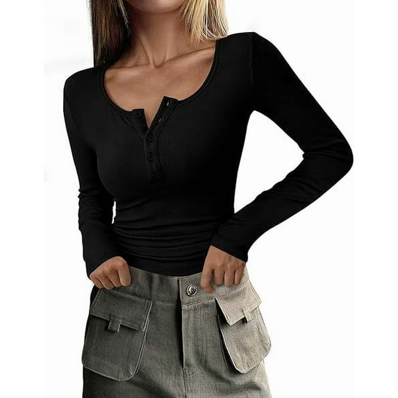 PRETTYGARDEN Women's 2026 Spring Fall Long Sleeve Henley T Shirts Button Ribbed Knit Slim Fit Casual Basic Tops Blouse