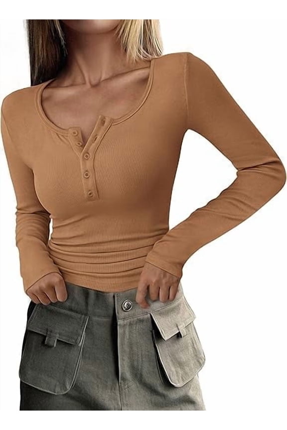Women's 2026 Spring Fall Long Sleeve Henley T Shirts Button Ribbed Knit Slim Fit Casual Basic Tops Blouse