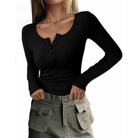 PRETTYGARDEN Women's 2026 Spring Fall Long Sleeve Henley T Shirts Button Ribbed Knit Slim Fit Casual Basic Tops Blouse