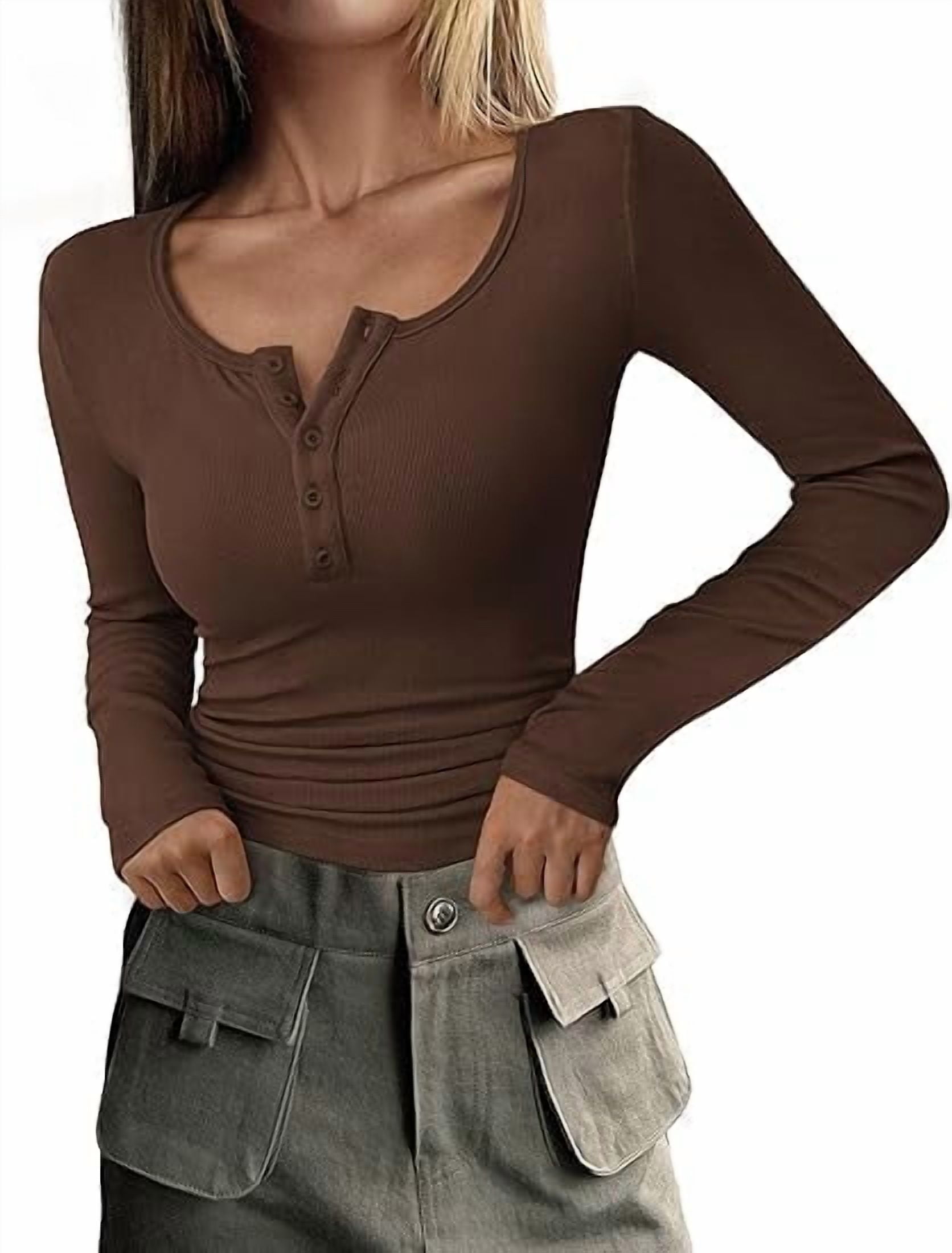 Women's Long Sleeve Henley Top – Ribbed Knit, Slim Fit, Button Detail, 92% Viscose 8% Spandex