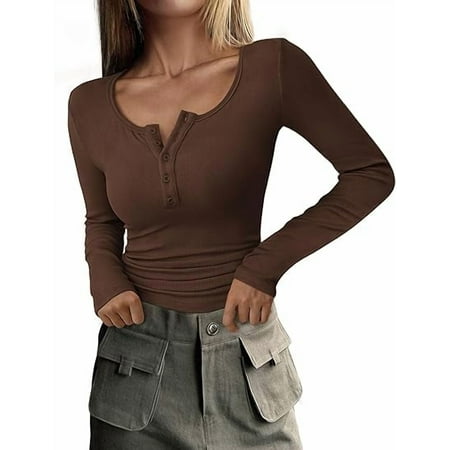 PRETTYGARDEN Women's 2026 Spring Fall Long Sleeve Henley T Shirts Button Ribbed Knit Slim Fit Casual Basic Tops Blouse