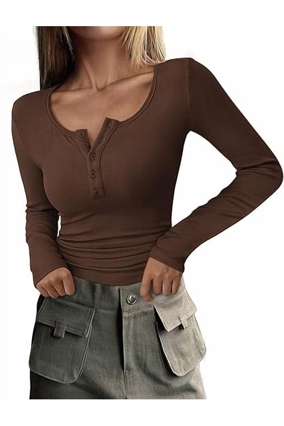 Women's 2026 Spring Fall Long Sleeve Henley T Shirts Button Ribbed Knit Slim Fit Casual Basic Tops Blouse