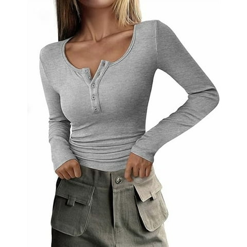 Women's 2026 Spring Fall Long Sleeve Henley T Shirts Button Ribbed Knit Slim Fit Casual Basic Tops Blouse