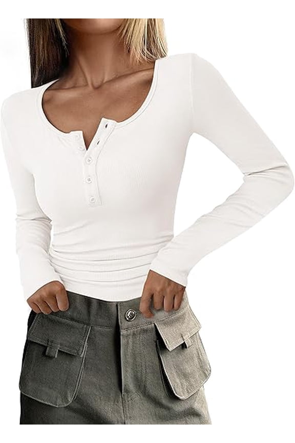 Women's 2026 Spring Fall Long Sleeve Henley T Shirts Button Ribbed Knit Slim Fit Casual Basic Tops Blouse