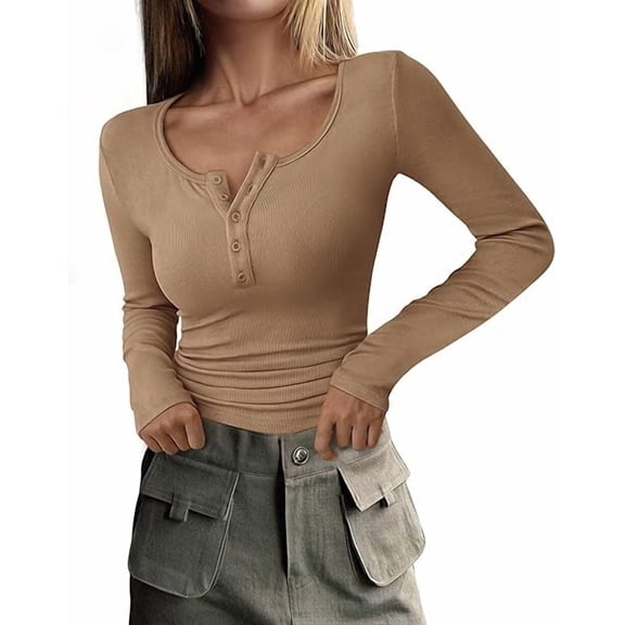 PRETTYGARDEN Women's 2026 Spring Fall Long Sleeve Henley T Shirts Button Ribbed Knit Slim Fit Casual Basic Tops Blouse