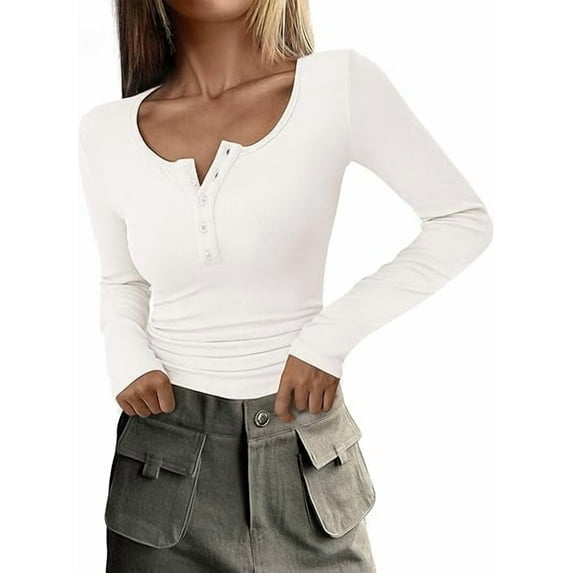 PRETTYGARDEN Women's 2026 Spring Fall Long Sleeve Henley T Shirts Button Ribbed Knit Slim Fit Casual Basic Tops Blouse
