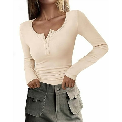 Women's 2026 Spring Fall Long Sleeve Henley T Shirts Button Ribbed Knit Slim Fit Casual Basic Tops Blouse