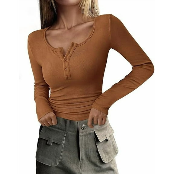 PRETTYGARDEN Women's 2026 Spring Fall Long Sleeve Henley T Shirts Button Ribbed Knit Slim Fit Casual Basic Tops Blouse