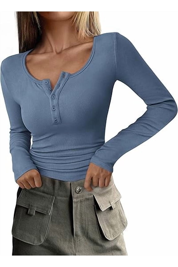 Women's 2026 Spring Fall Long Sleeve Henley T Shirts Button Ribbed Knit Slim Fit Casual Basic Tops Blouse