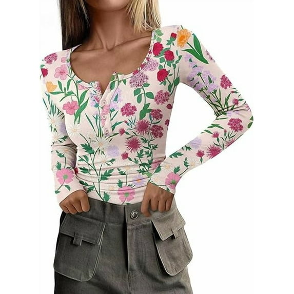 PRETTYGARDEN Women's 2026 Spring Fall Long Sleeve Henley T Shirts Button Ribbed Knit Slim Fit Casual Basic Tops Blouse