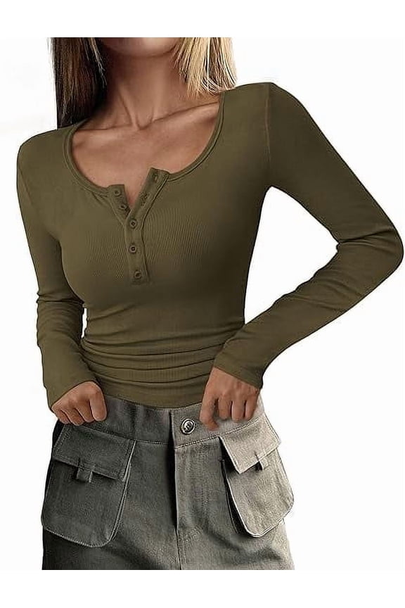 Women's 2026 Spring Fall Long Sleeve Henley T Shirts Button Ribbed Knit Slim Fit Casual Basic Tops Blouse