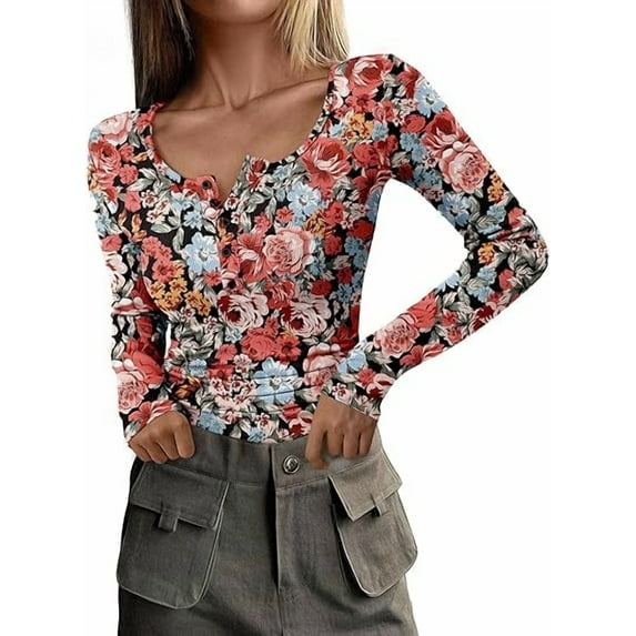 PRETTYGARDEN Women's 2026 Spring Fall Long Sleeve Henley T Shirts Button Ribbed Knit Slim Fit Casual Basic Tops Blouse