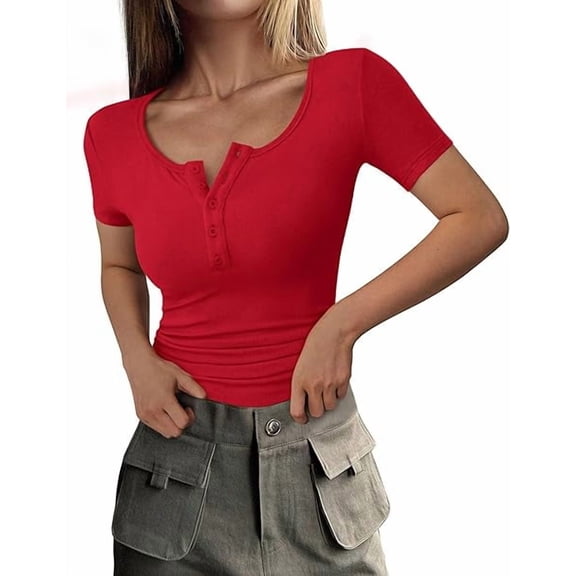 PRETTYGARDEN Women's Spring Summer Short Sleeve Tops Ribbed Henley Button Slim Fit Basic Casual T Shirts Blouse Clothing