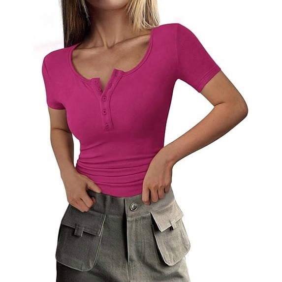 PRETTYGARDEN Women's Spring Summer Short Sleeve Tops Ribbed Henley Button Slim Fit Basic Casual T Shirts Blouse Clothing