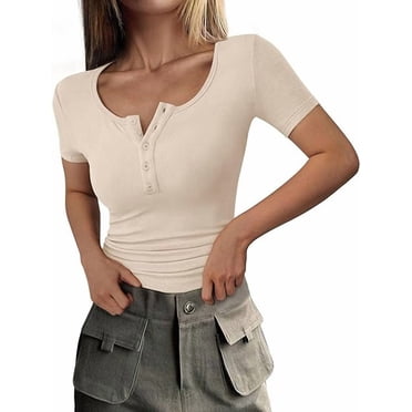 PRETTYGARDEN Women's Spring Summer Short Sleeve Tops Ribbed Henley Button Slim Fit Basic Casual T Shirts Blouse Clothing