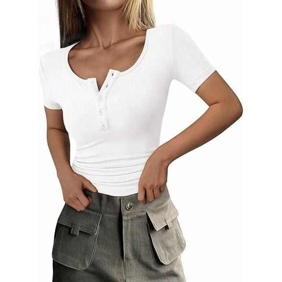 PRETTYGARDEN Women's Spring Summer Short Sleeve Tops Ribbed Henley Button Slim Fit Basic Casual T Shirts Blouse Clothing