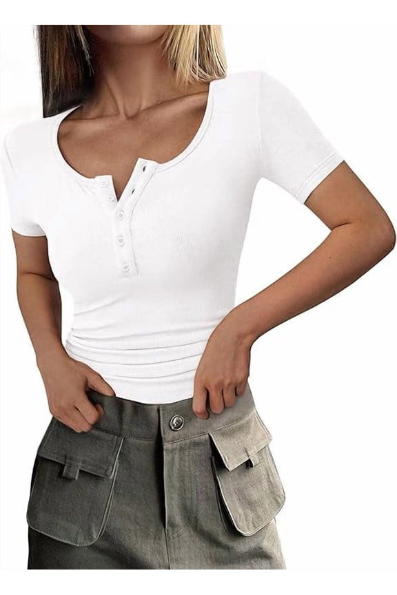 Women's Spring Summer Short Sleeve Tops Ribbed Henley Button Slim Fit Basic Casual T Shirts Blouse Clothing