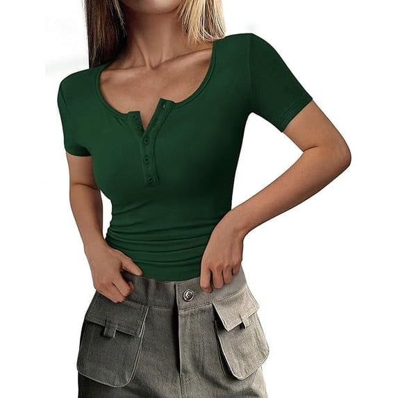 PRETTYGARDEN Women's Spring Summer Short Sleeve Tops Ribbed Henley Button Slim Fit Basic Casual T Shirts Blouse Clothing