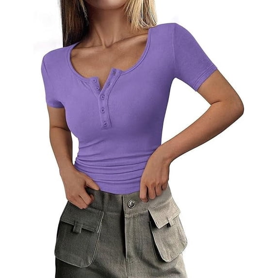 PRETTYGARDEN Women's Spring Summer Short Sleeve Tops Ribbed Henley Button Slim Fit Basic Casual T Shirts Blouse Clothing