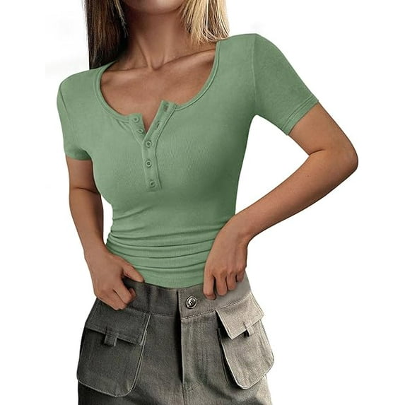PRETTYGARDEN Women's Spring Summer Short Sleeve Tops Ribbed Henley Button Slim Fit Basic Casual T Shirts Blouse Clothing