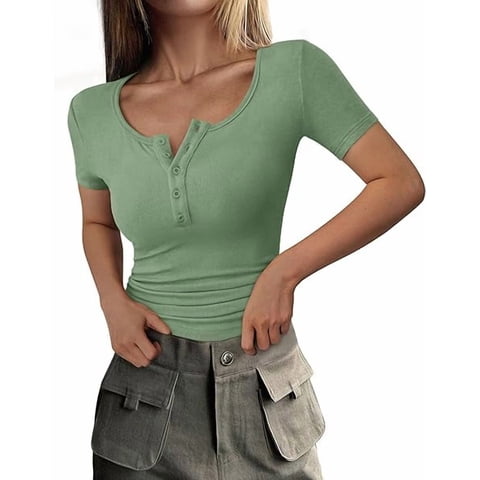 Women's Spring Summer Short Sleeve Tops Ribbed Henley Button Slim Fit Basic Casual T Shirts Blouse Clothing