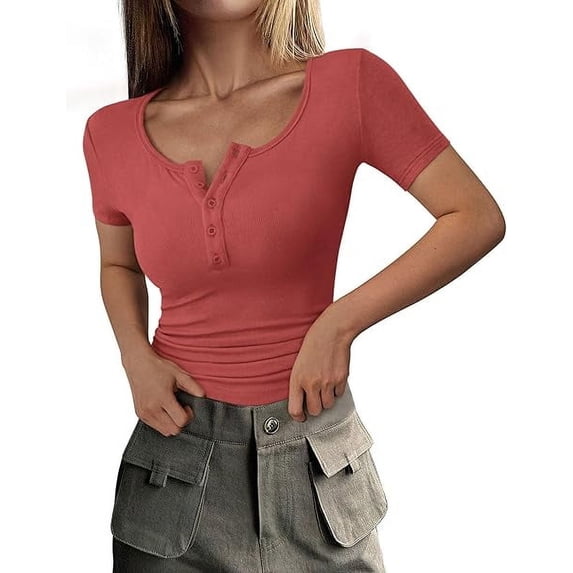 PRETTYGARDEN Women's Spring Summer Short Sleeve Tops Ribbed Henley Button Slim Fit Basic Casual T Shirts Blouse Clothing