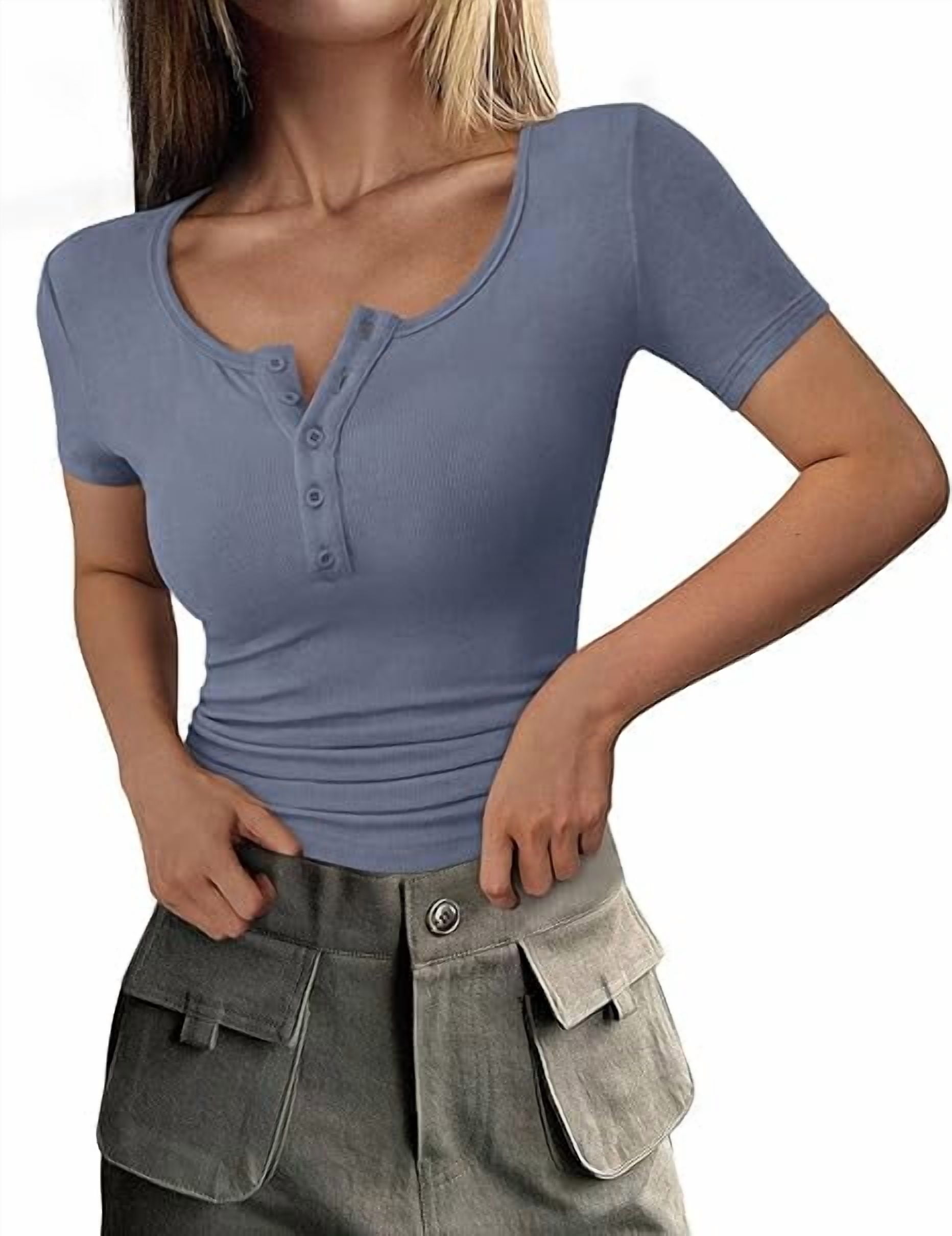 PRETTYGARDEN Women's Spring Summer Short Sleeve Tops Ribbed Henley ...