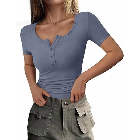 PRETTYGARDEN Women's Spring Summer Short Sleeve Tops Ribbed Henley Button Slim Fit Basic Casual T Shirts Blouse Clothing