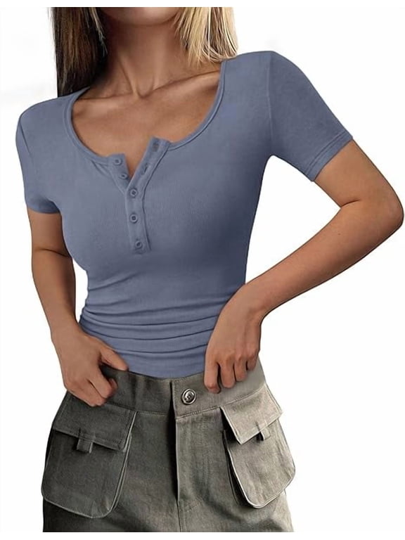 Women's Short Sleeve Tops Ribbed Henley Button Slim Fit Basic Casual T Shirts Blouse Clothing