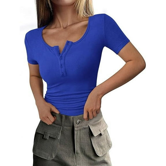 PRETTYGARDEN Women's Spring Summer Short Sleeve Tops Ribbed Henley Button Slim Fit Basic Casual T Shirts Blouse Clothing