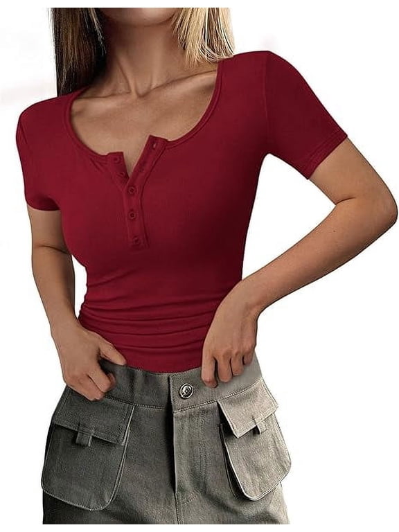 Women's Spring Summer Short Sleeve Tops Ribbed Henley Button Slim Fit Basic Casual T Shirts Blouse Clothing