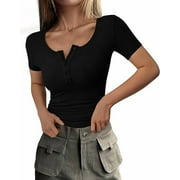 Women's Spring Summer Short Sleeve Tops Ribbed Henley Button Slim Fit Basic Casual T Shirts Blouse Clothing