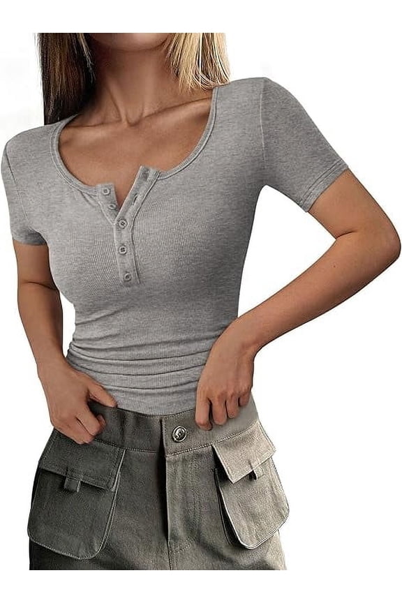 Women's Spring Summer Short Sleeve Tops Ribbed Henley Button Slim Fit Basic Casual T Shirts Blouse Clothing