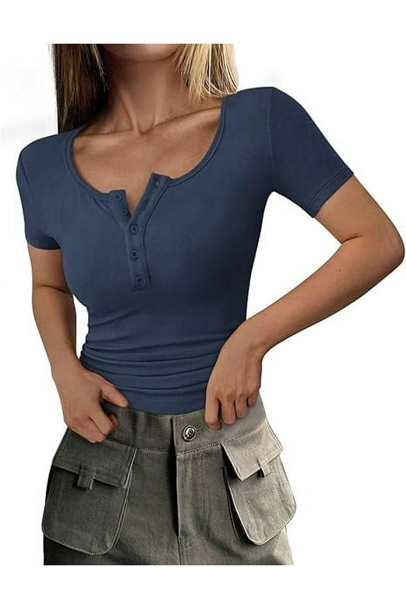 Women's Spring Summer Short Sleeve Tops Ribbed Henley Button Slim Fit Basic Casual T Shirts Blouse Clothing