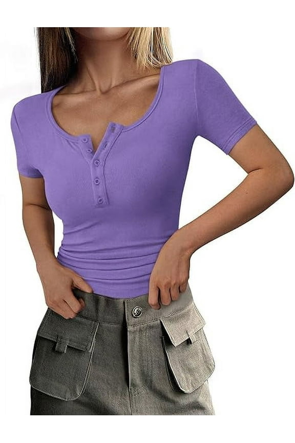 Women's Spring Summer Short Sleeve Tops Ribbed Henley Button Slim Fit Basic Casual T Shirts Blouse Clothing